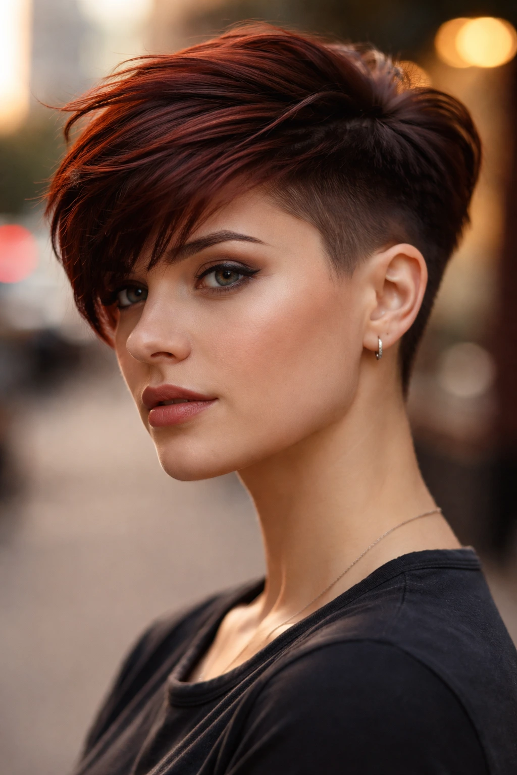 Real person with an undercut pixie in mahogany on top.