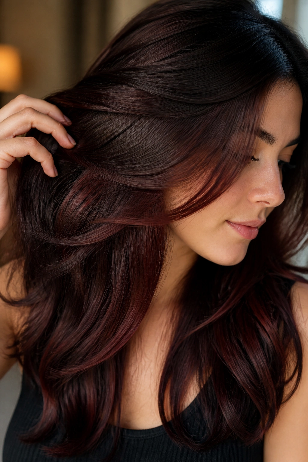 Close-up of layered brunette with a mahogany veil peeking through interior layers
