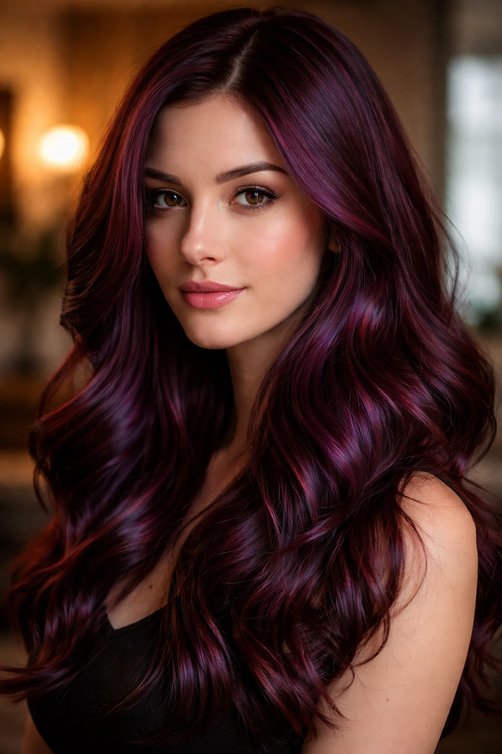 Close-up portrait of a real person with mahogany hair and violet lowlights