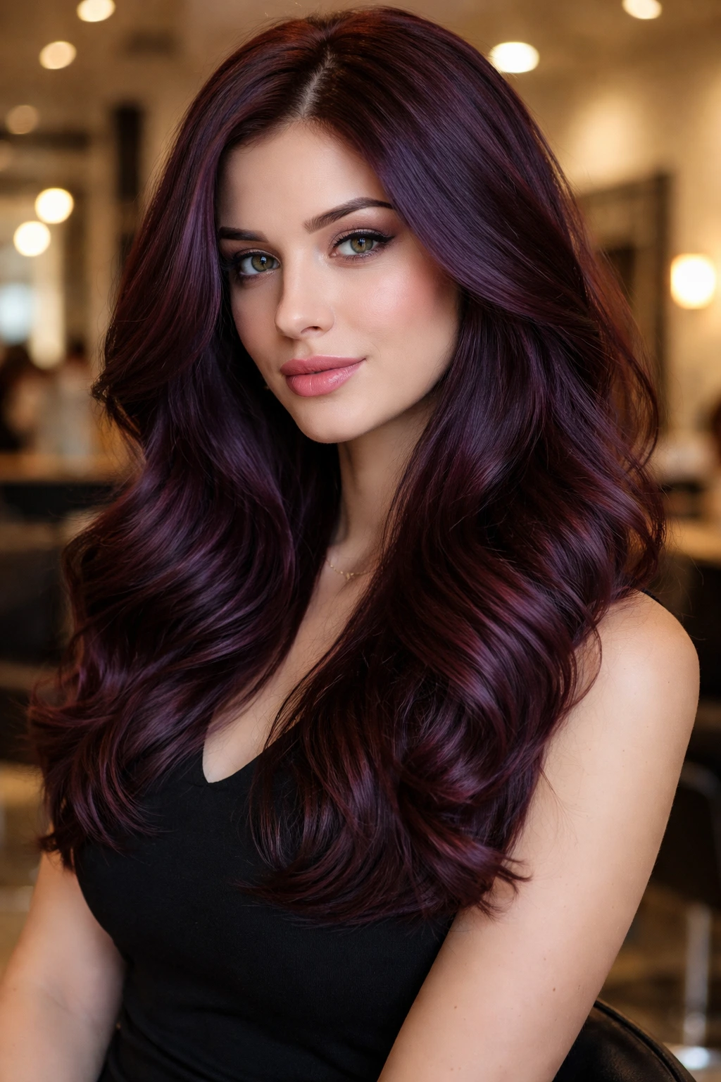 Close-up of a real woman with mahogany hair featuring violet lowlights in a salon