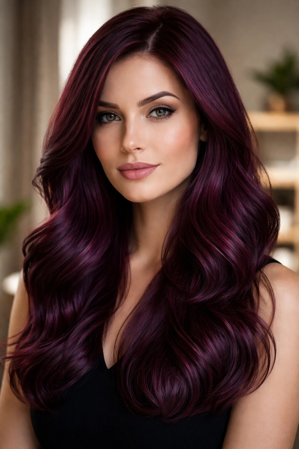Close-up portrait of a real woman with mahogany violet hair color in cool undertone