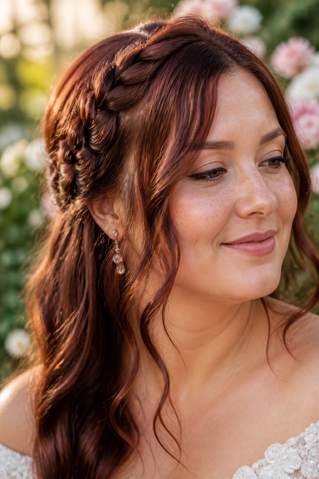 Close-up of a real woman with a mahogany waterfall braid and loose tendrils