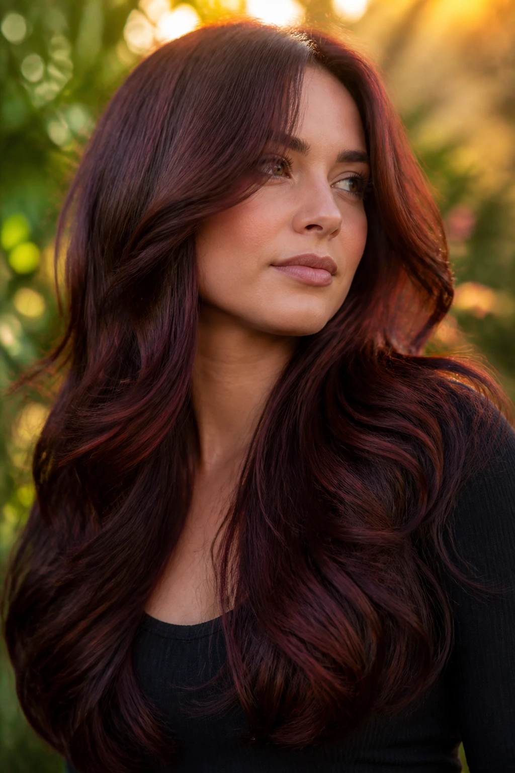 Close-up of a real woman with mahogany brunette waves and invisible layers