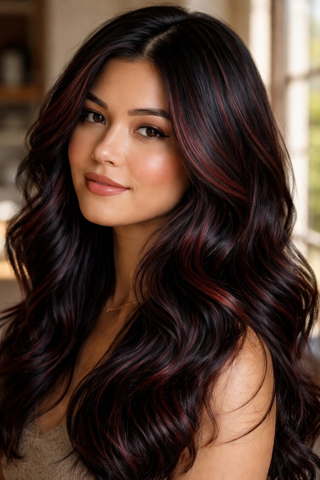 Close-up of real person with black hair woven with soft mahogany highlights