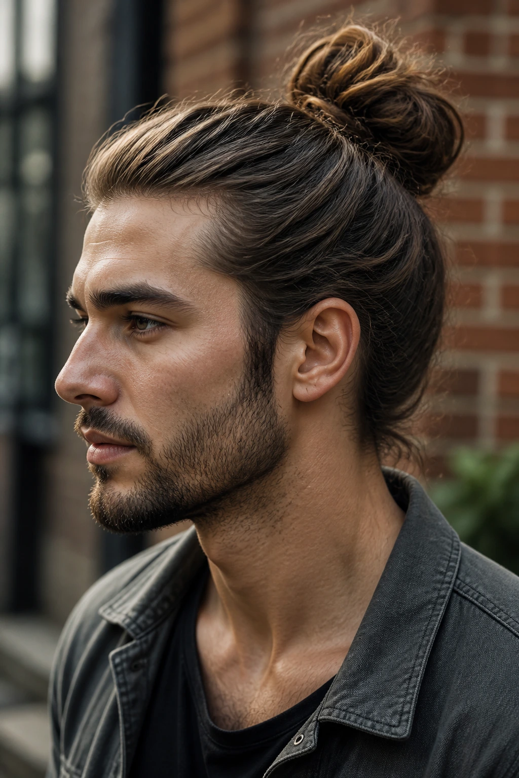 Close-up portrait of a man with a man bun hairstyle