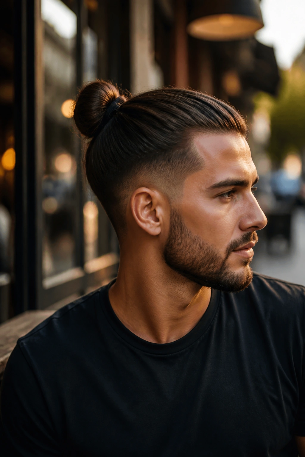Man with taper sides and a top bun shown in profile