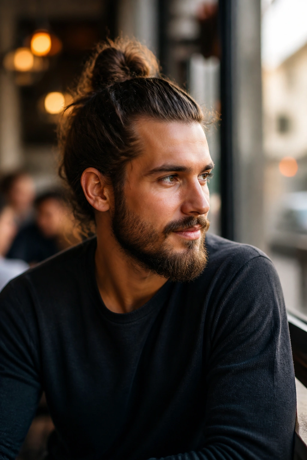 Close-up portrait of a man with a top knot hairstyle in a cafe setting.