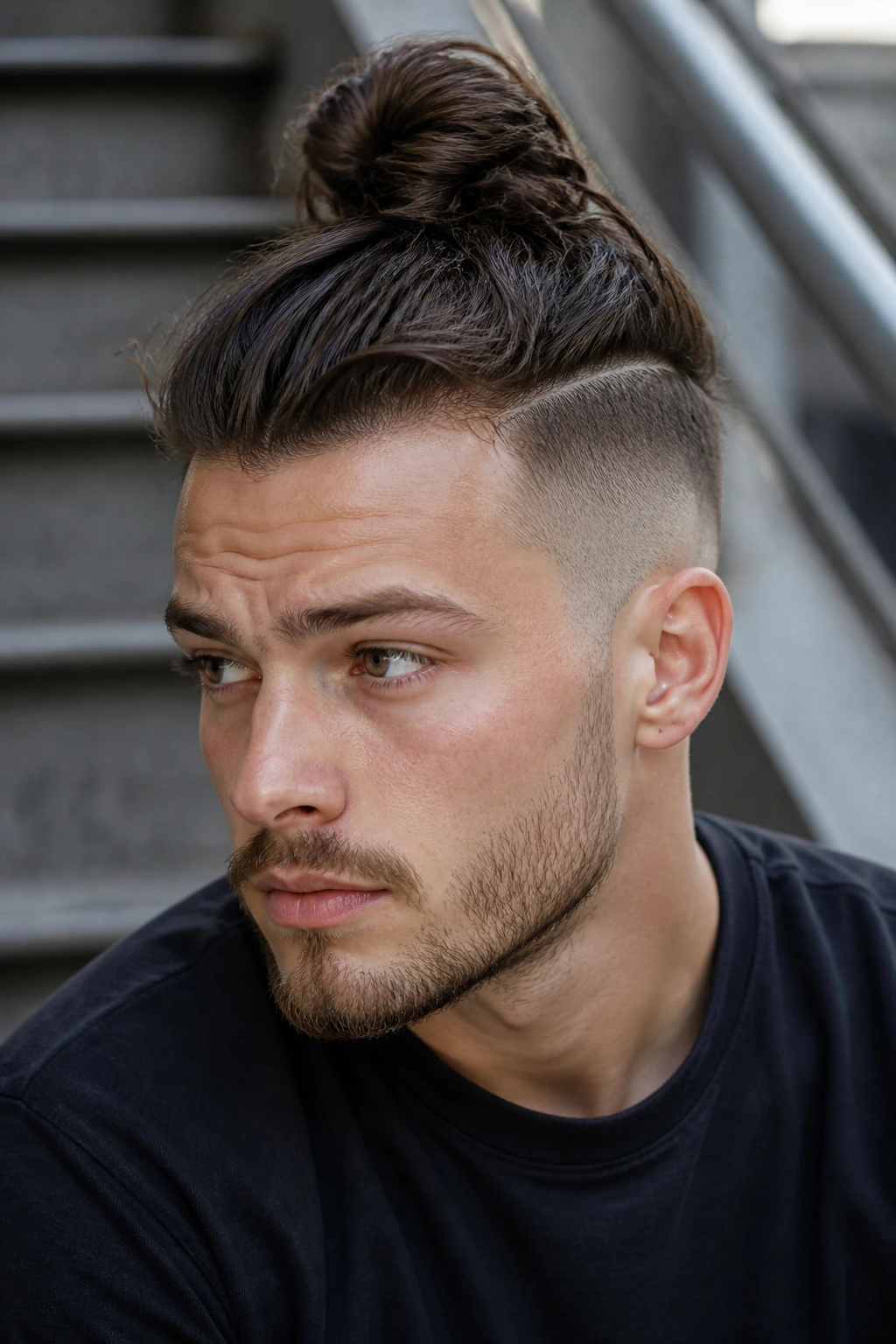 Portrait of man with high bun and disconnected undercut in urban setting