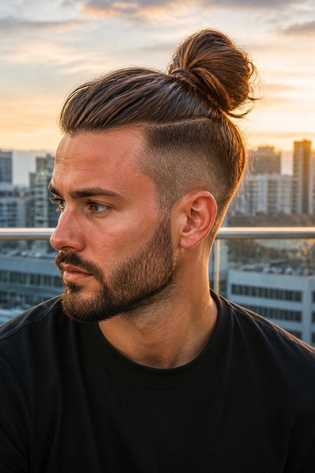 Portrait of a man with a bun undercut and long top hair
