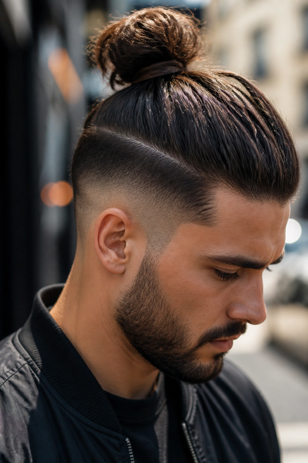 Close-up portrait of a man with a bun undercut and a neat bun on top.