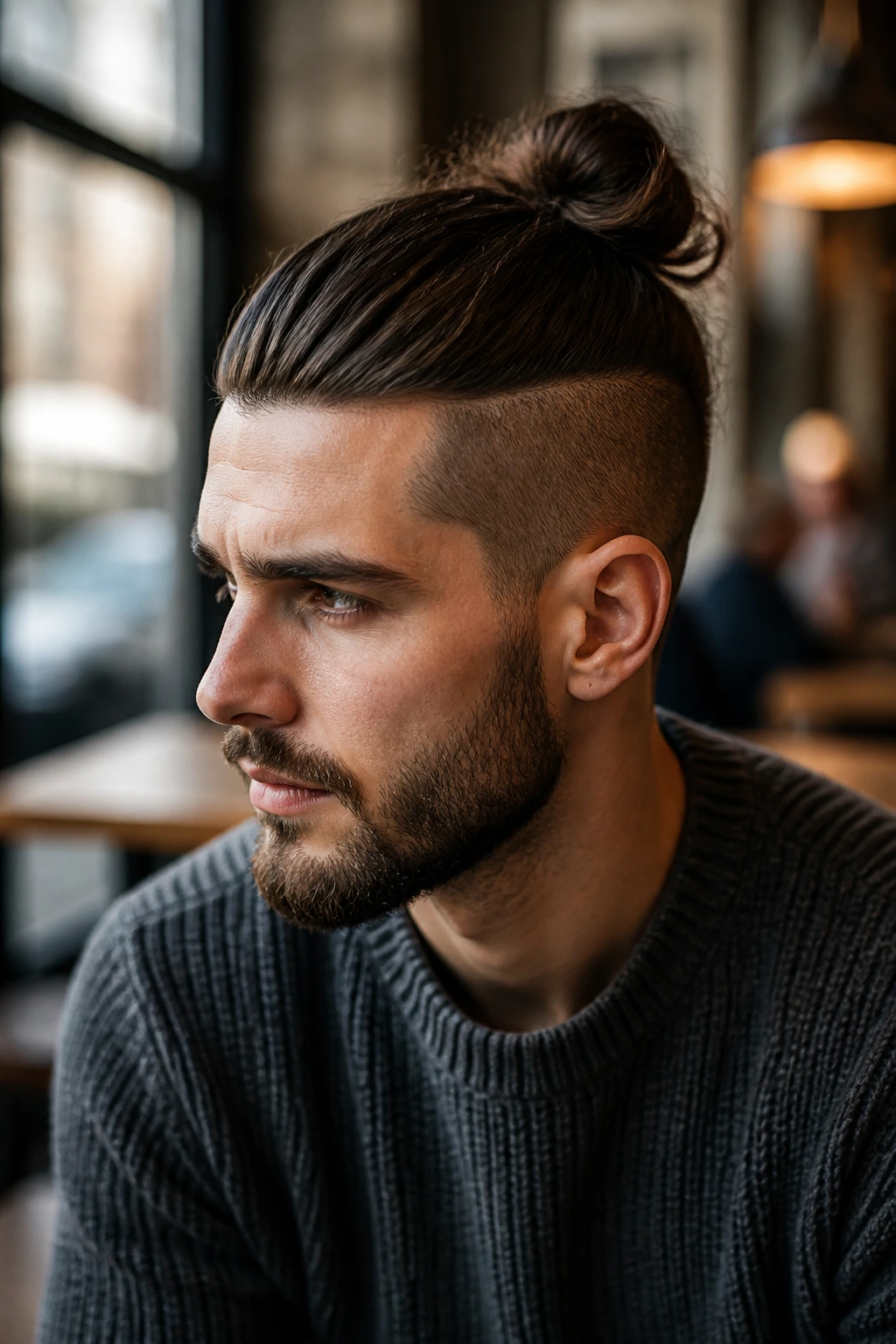 Close-up portrait of a real man with a bun and undercut, seated in a cafe with natural light