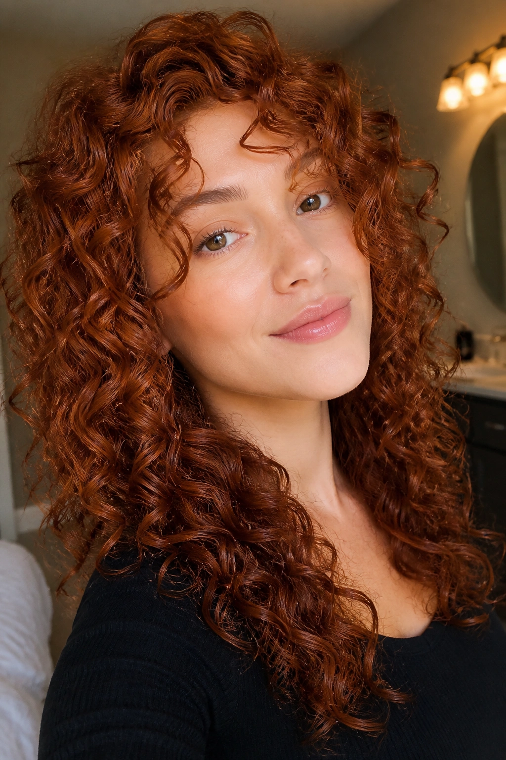 Close-up portrait of a real woman with maple syrup auburn curls and warm amber tones.
