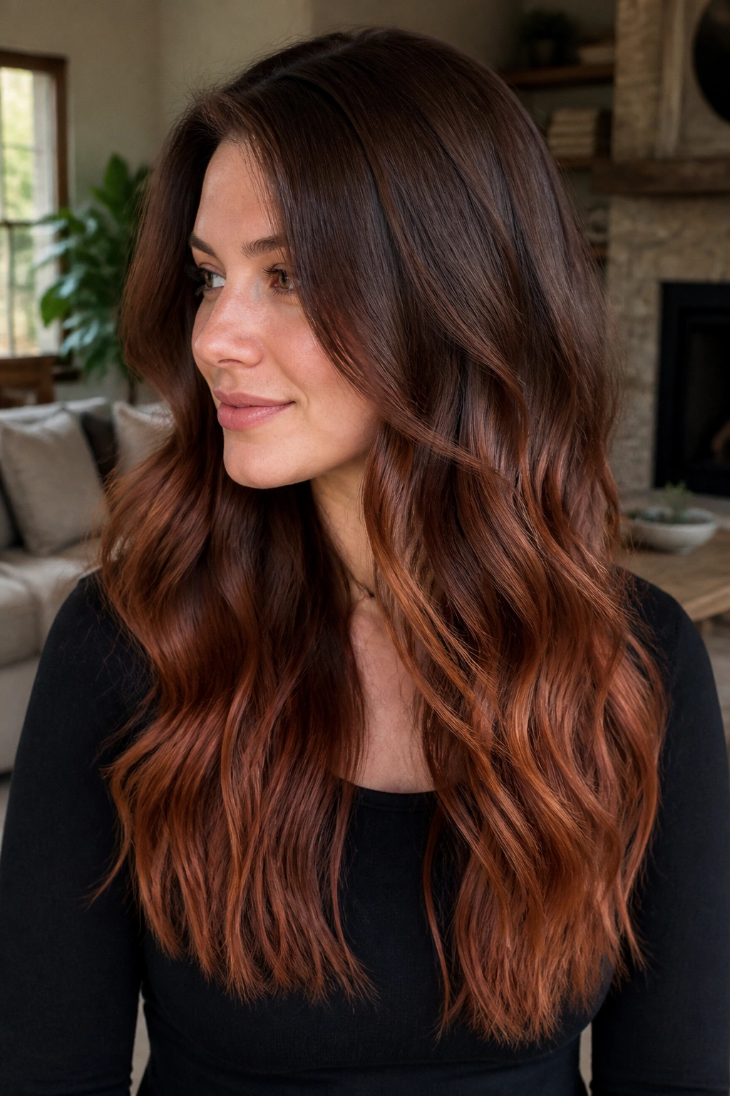 Real woman with maple auburn ends on long hair in a sunny living room