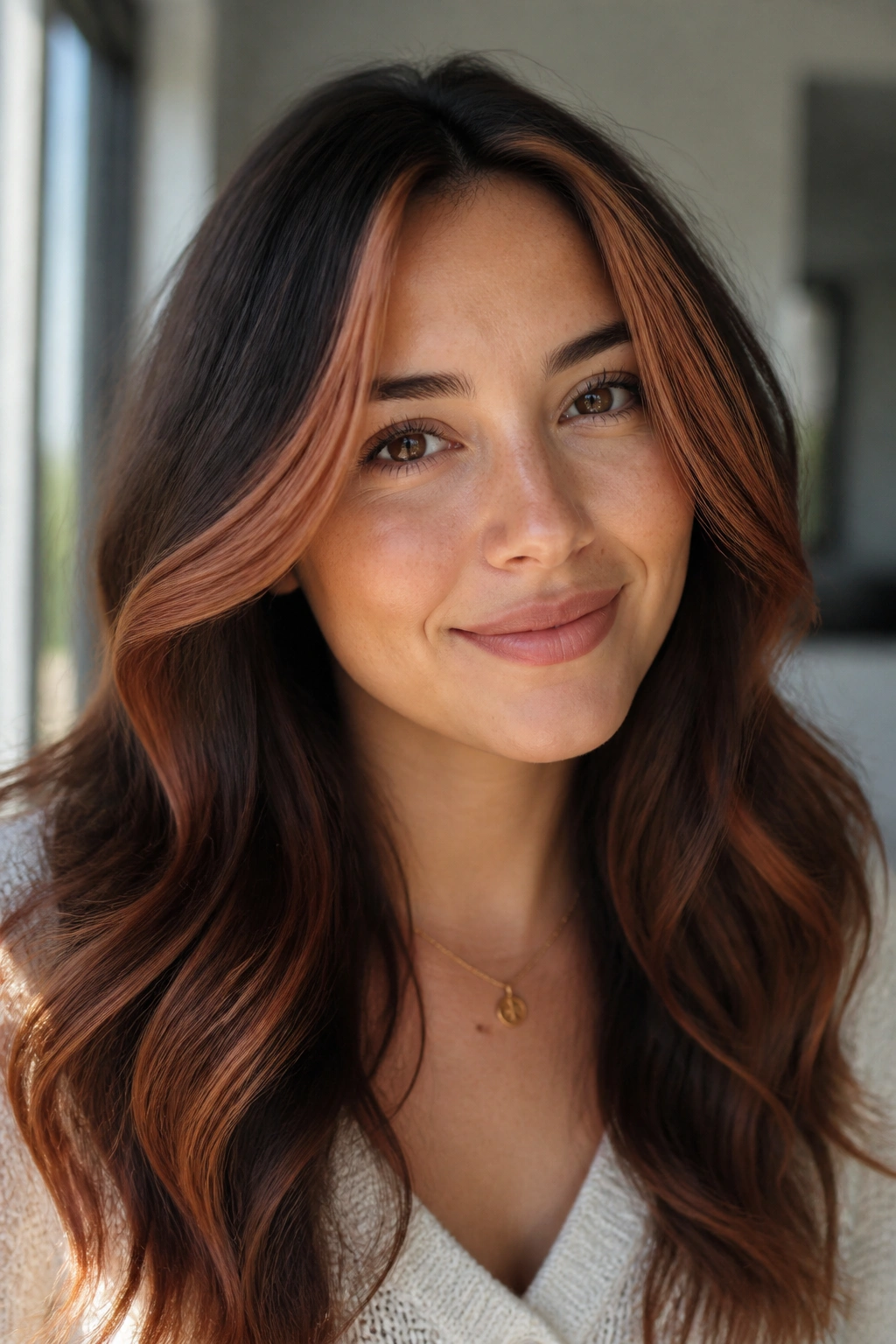 Close-up of a real person with maple auburn face-framing color
