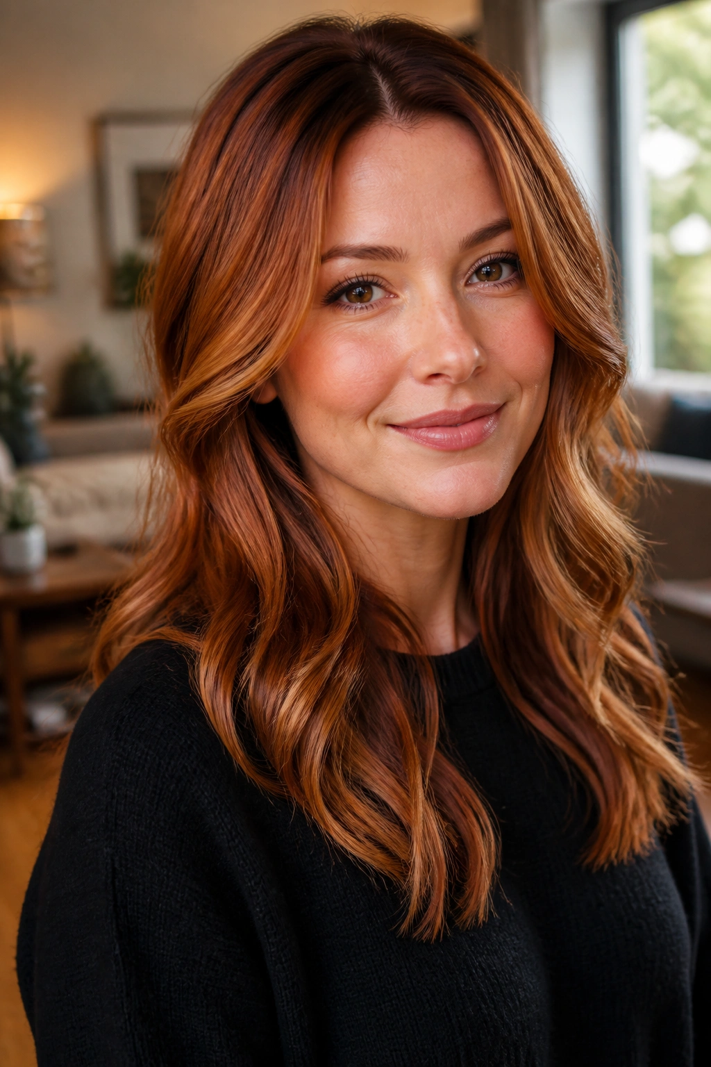 Close-up of a woman with maple auburn hair with dimensional highlights