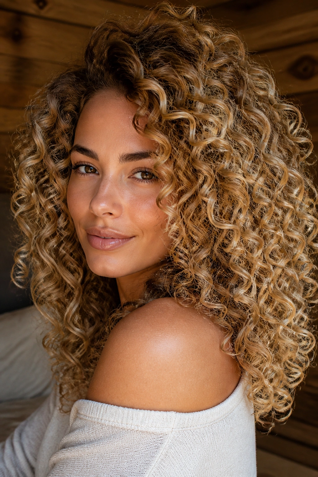 Close-up portrait of a real woman with dense curls in maple blonde melt