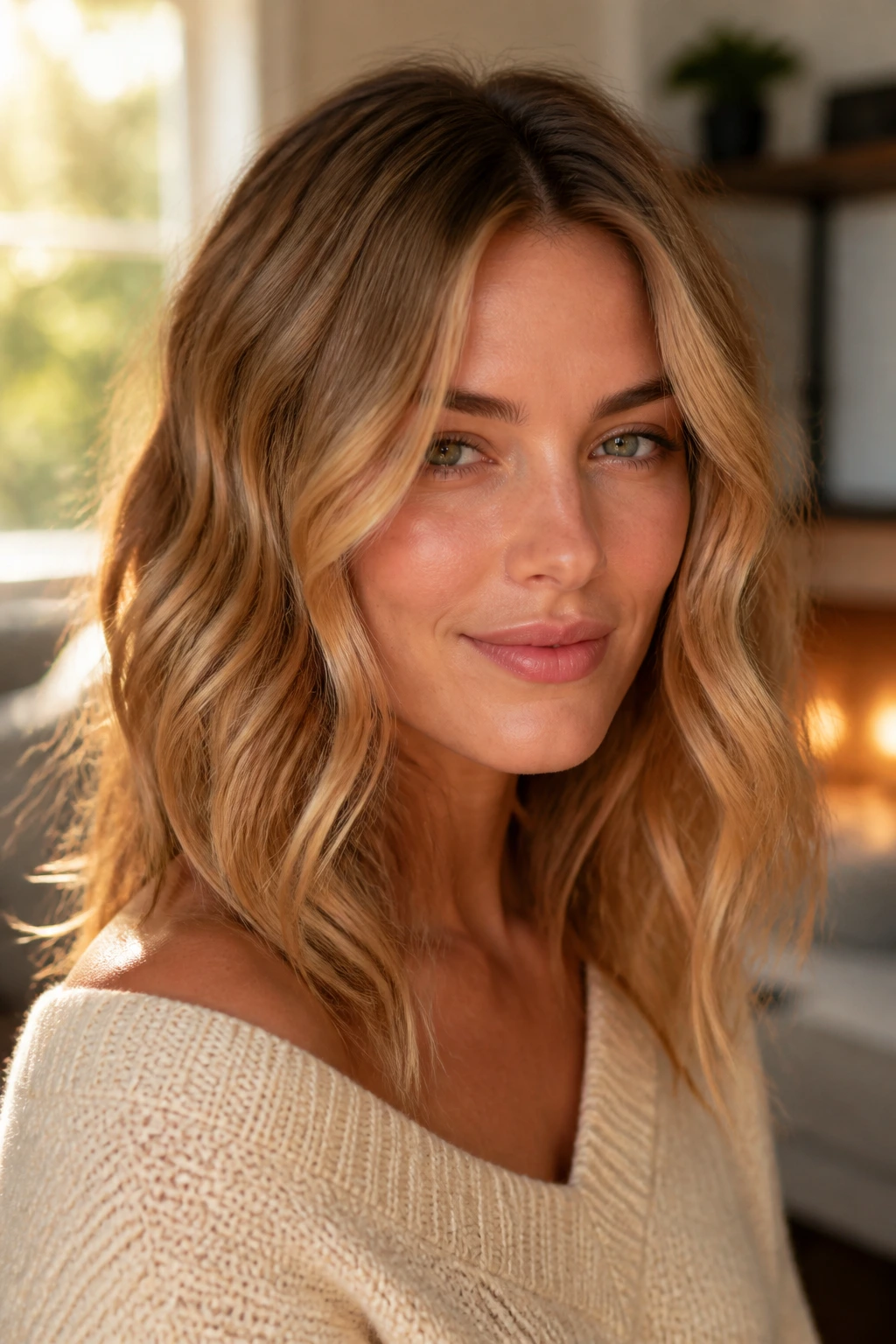 Close-up portrait of a real woman with maple blonde hair and warm amber highlights in natural window light
