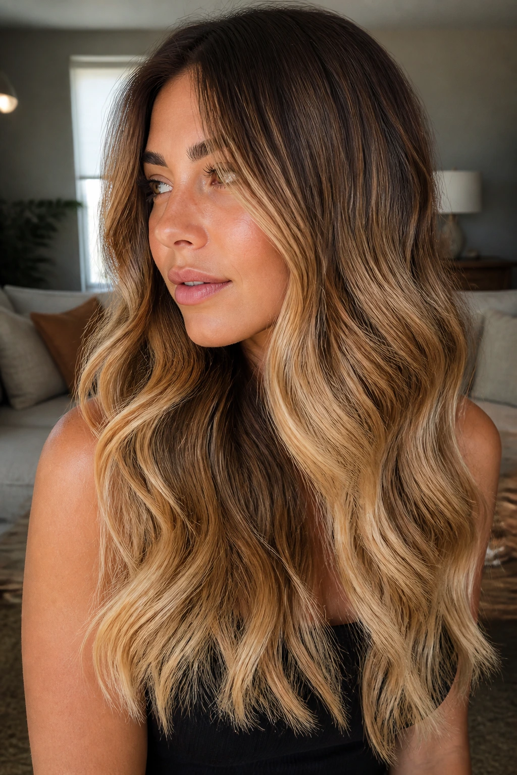 Close-up of maple bronde with golden ends on brunette hair