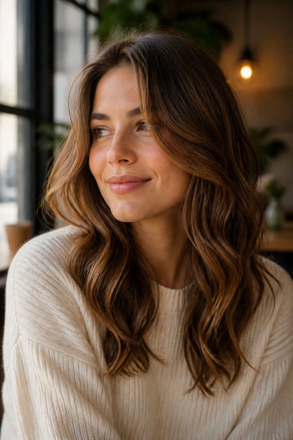 Real woman with maple brown hair and airy waves