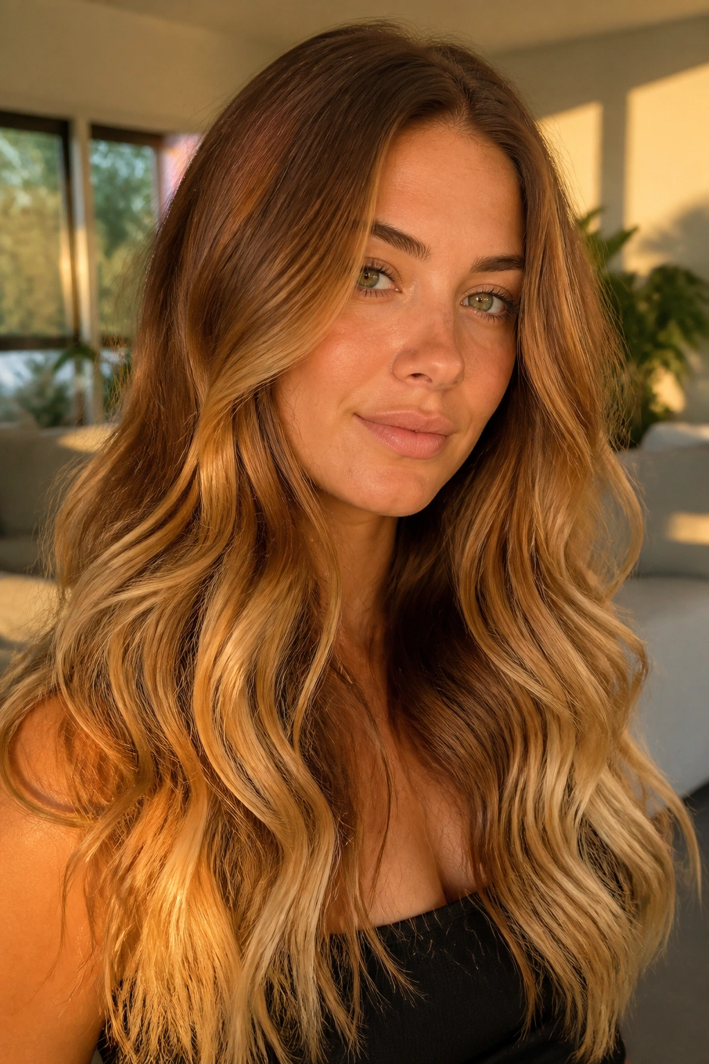 Portrait of a real woman with maple brown to amber blonde long waves in warm light