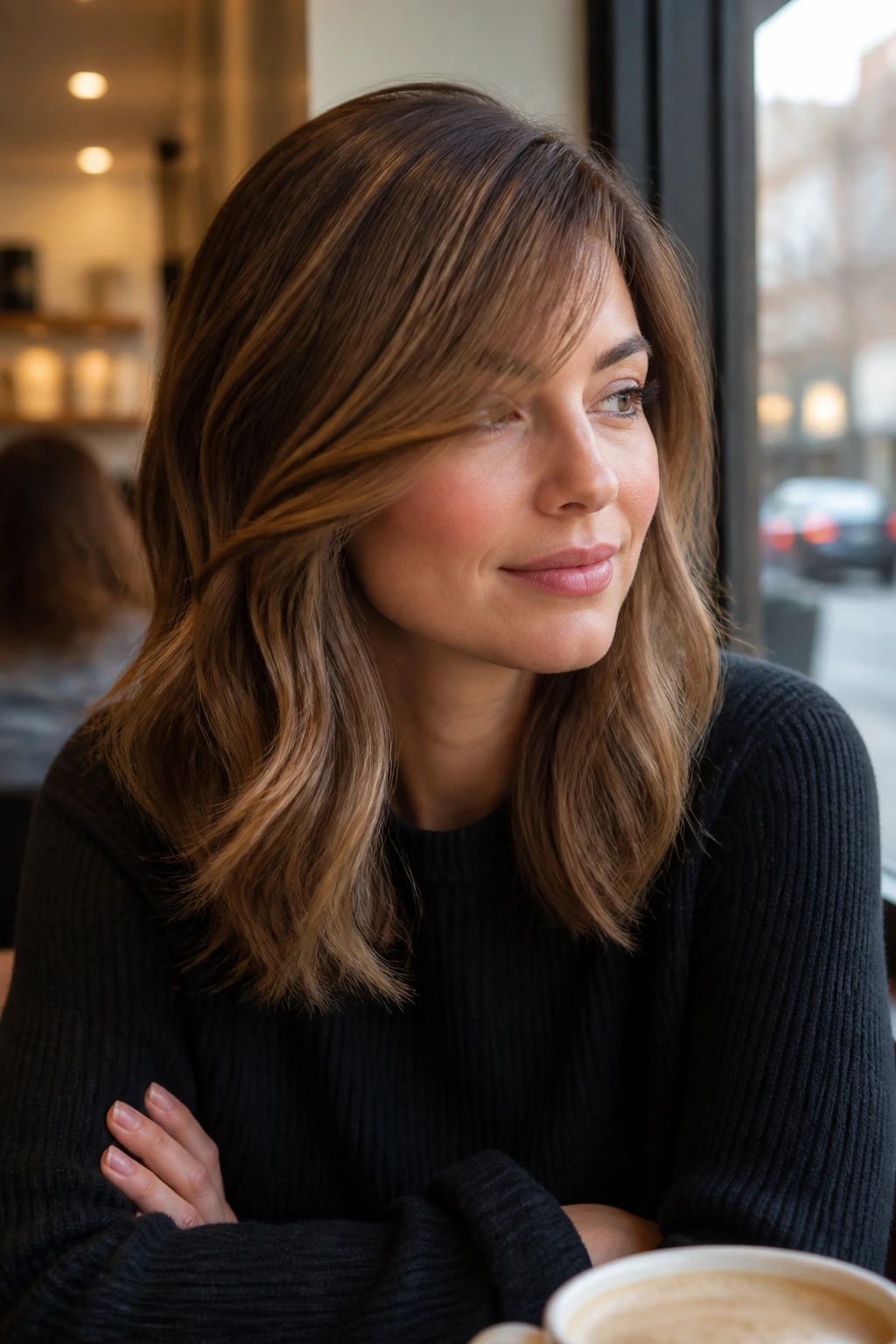 Real woman with maple brown balayage and side-swept fringe