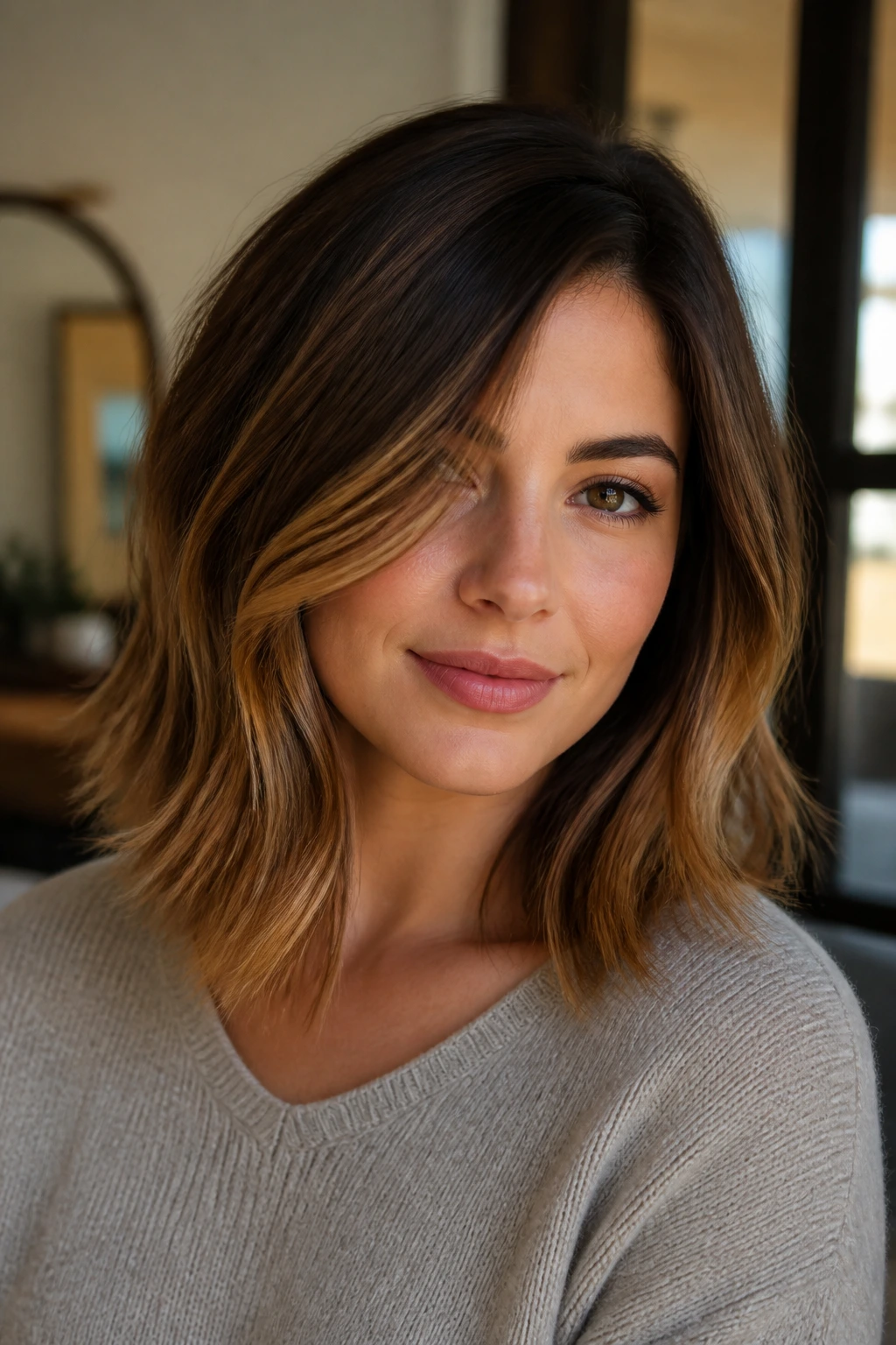 Close-up of maple brown balayage on lob hairstyle on real person