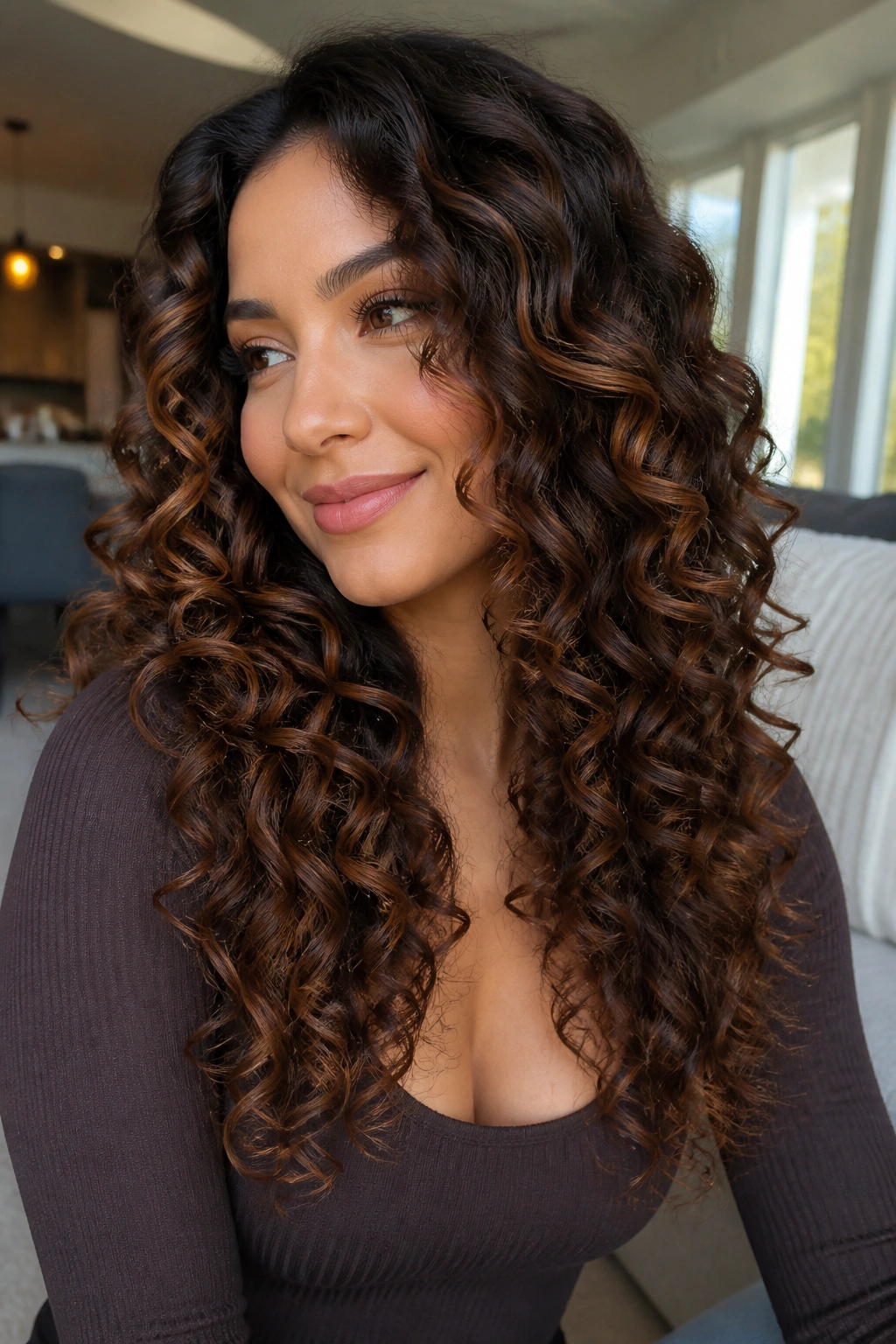 Real person with maple brown balayage on long spiral curls in natural light