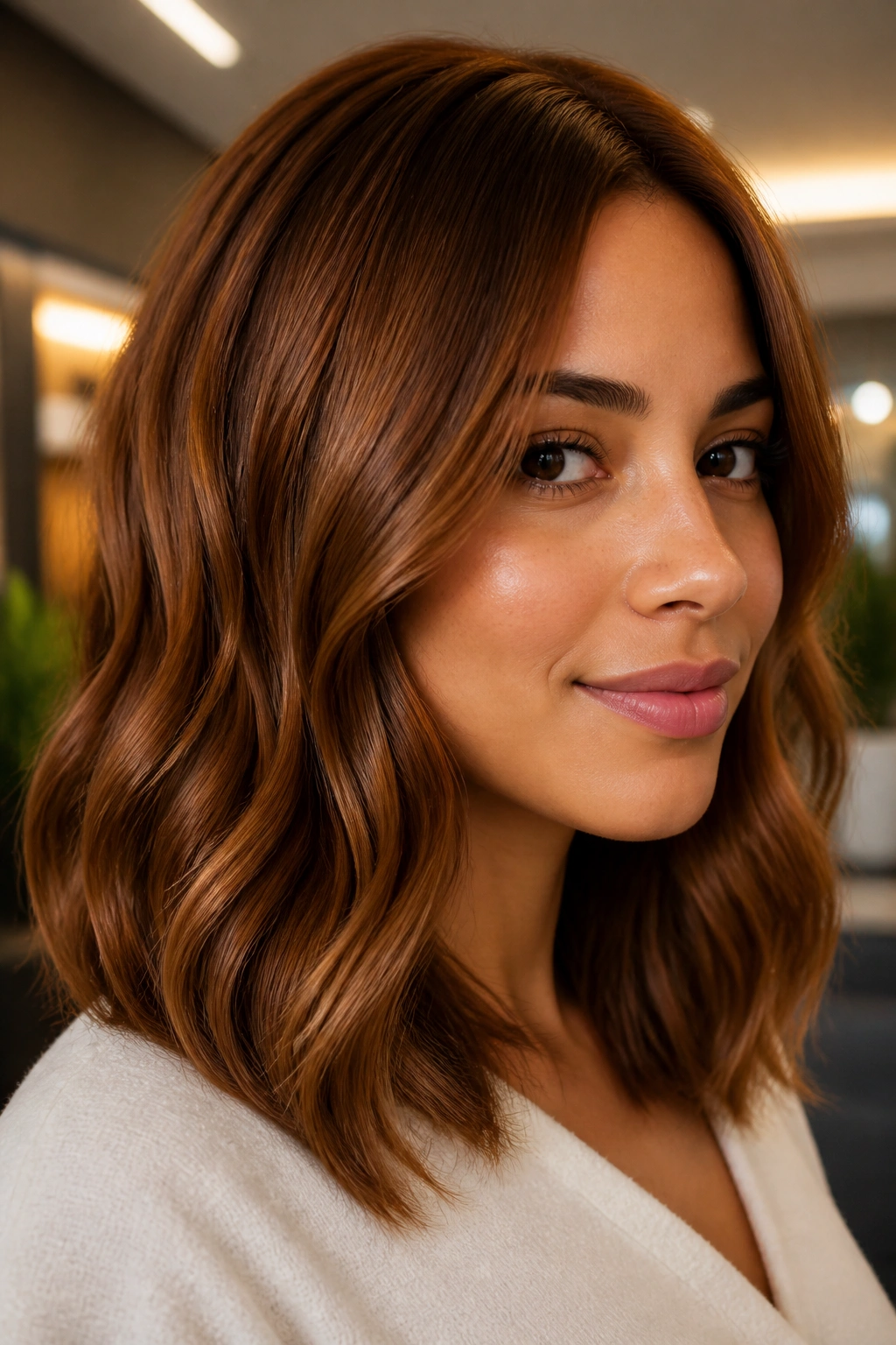 Close-up portrait of a real person with maple brown hair in warm light