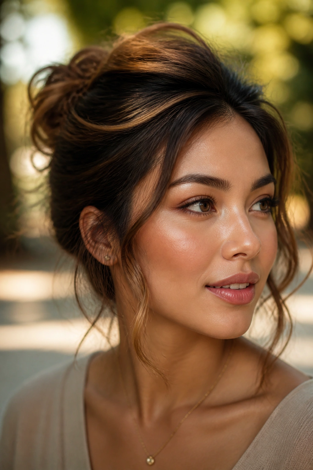 Close-up portrait of a real person with maple brown halo highlights around the crown