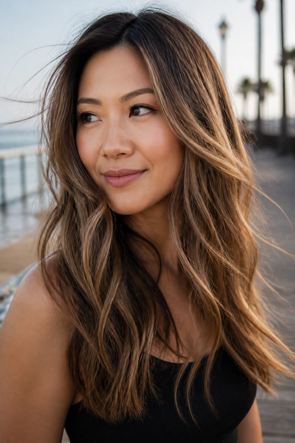 Close-up of a real woman with maple brown balayage and soft highlights.