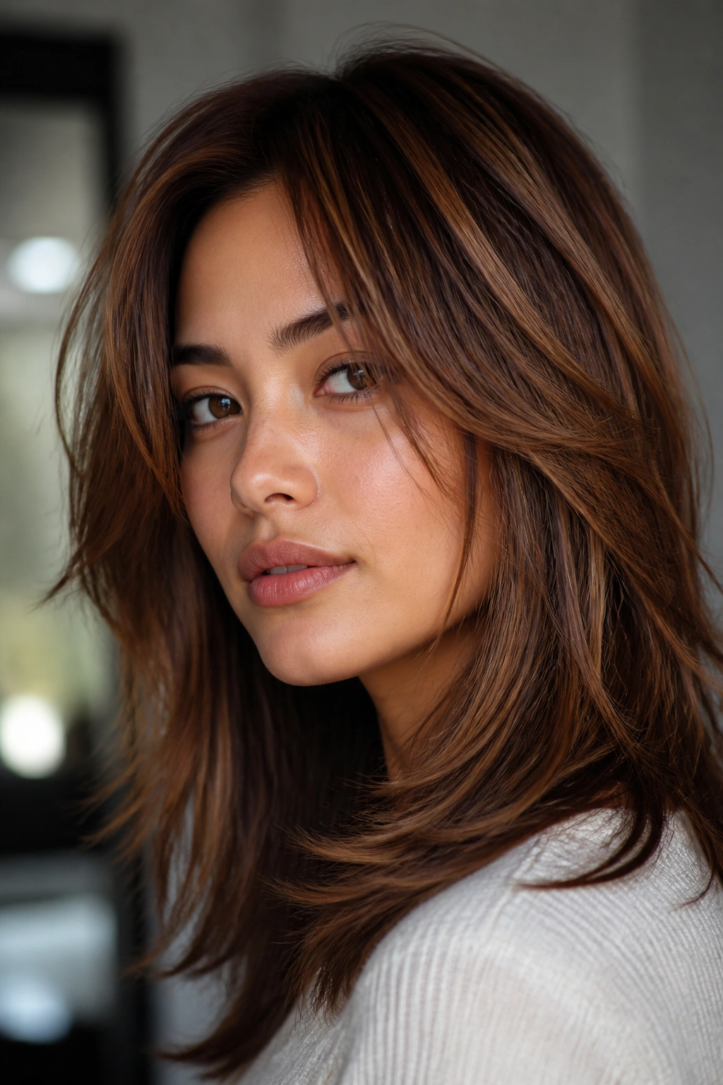 Close-up of a real person with maple brown hair and piecey layers creating movement