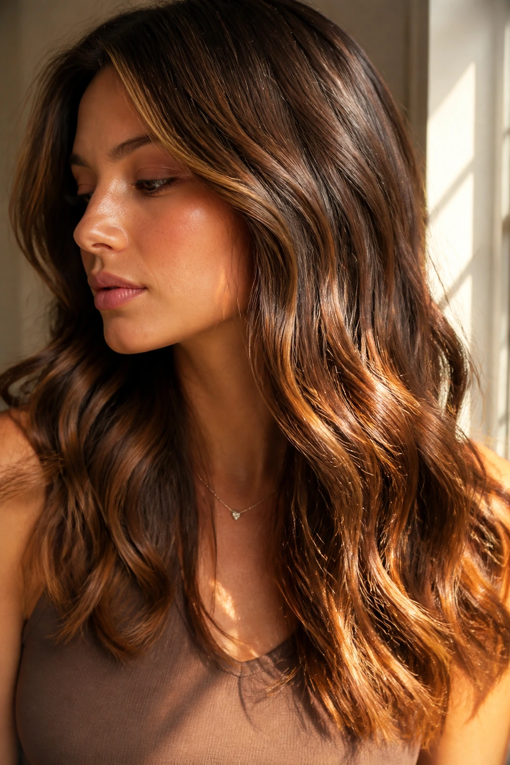 Close-up of brunette hair with maple brown lowlights in warm light