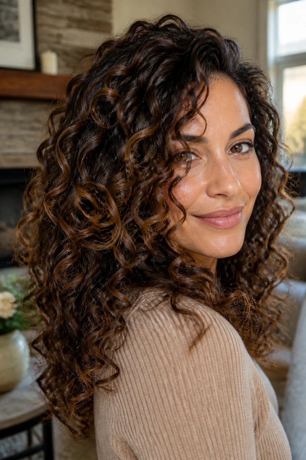 Close-up of curly brunette hair with maple-brown lowlights.