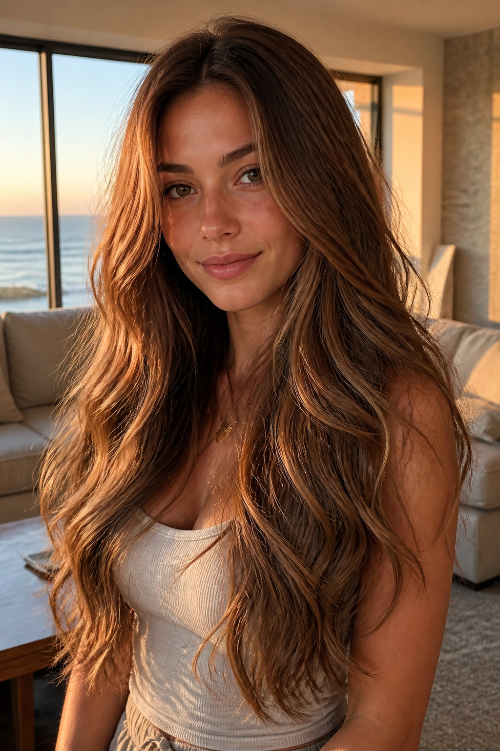Close-up portrait of maple brown mermaid-length hair on a real woman