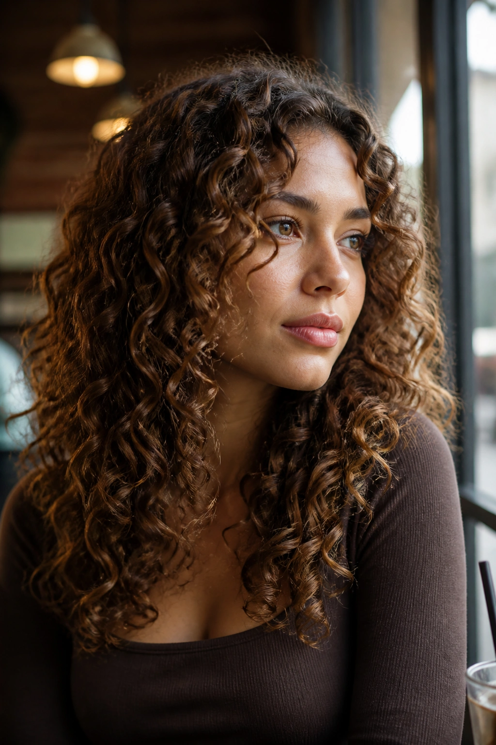 Maple brown curls with soft dimension and lighter mid-length pieces