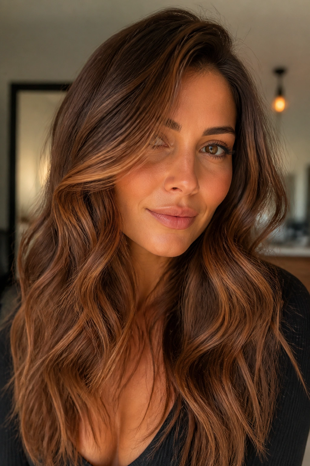 Close-up of a real woman with maple brown wavy hair in warm indoor light