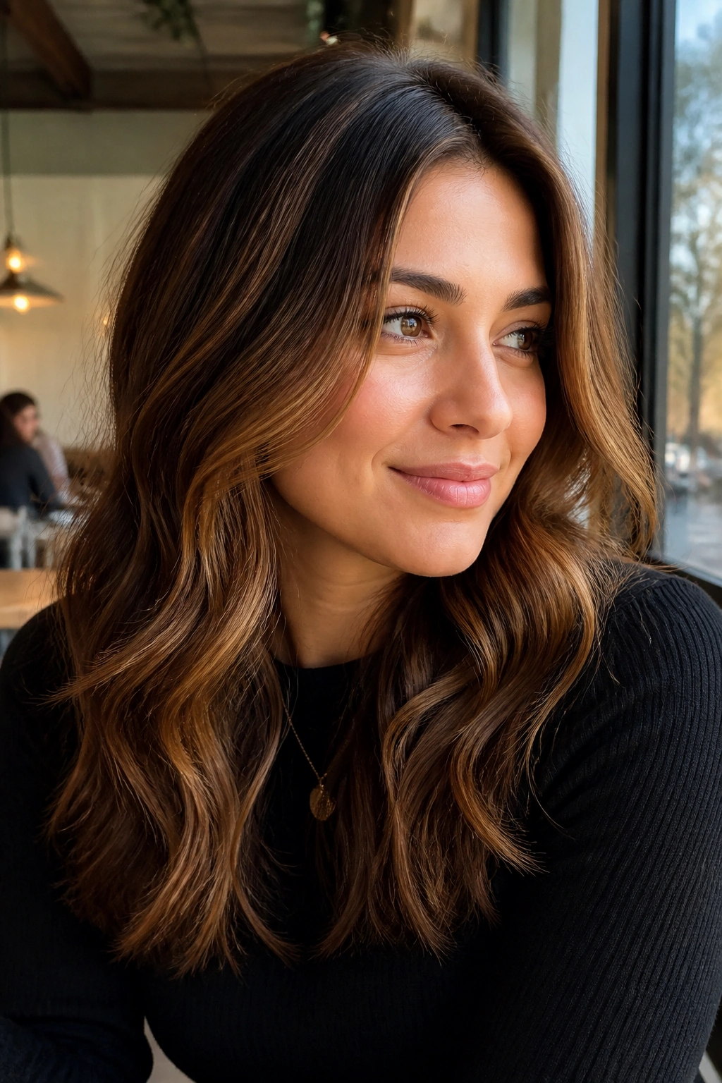 Close-up portrait of a real woman with maple brown hair and warm dimension in soft waves.