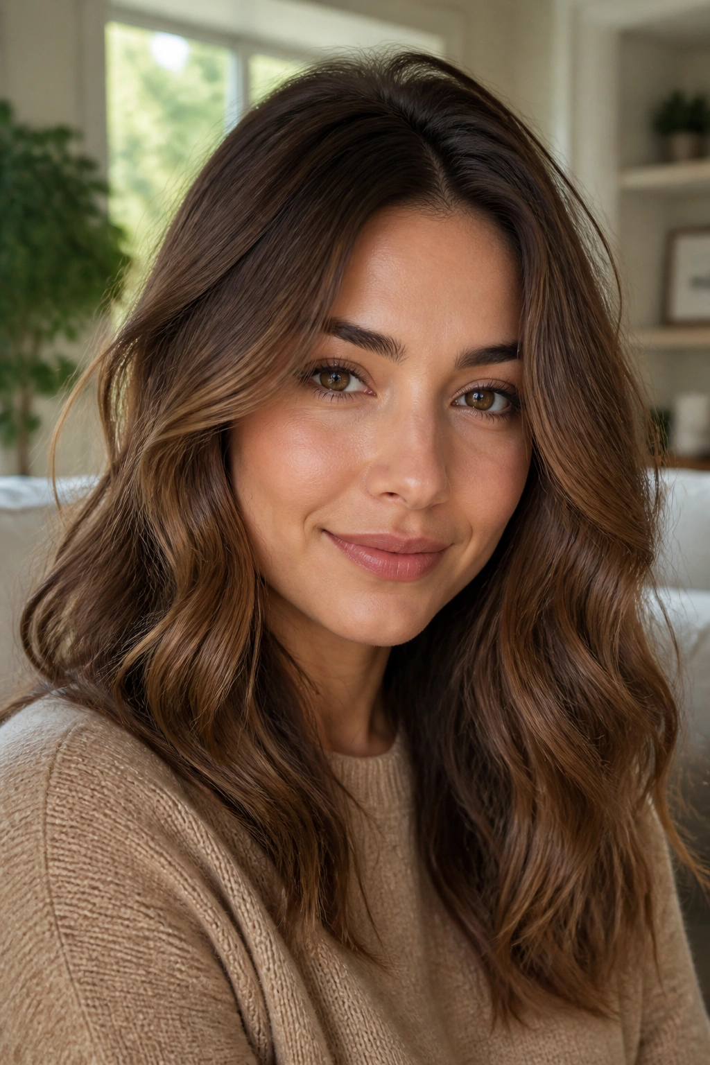 Close-up portrait of a woman with maple brown hair and soft waves framing her cheeks