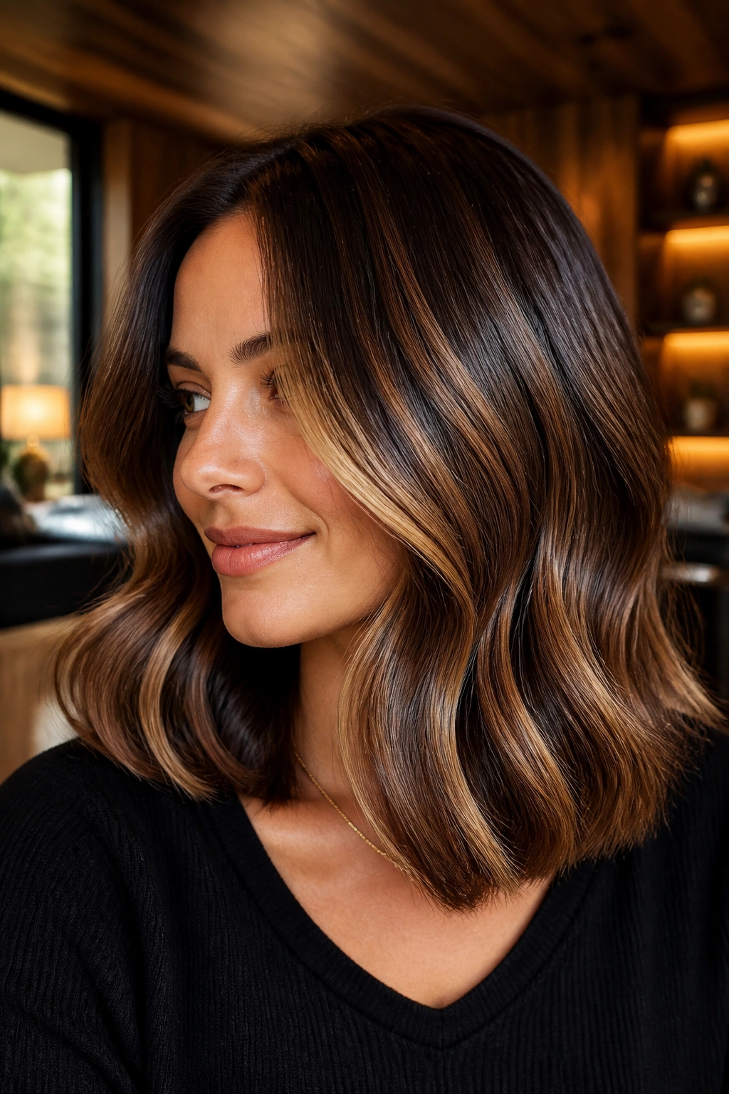 Brunette with glossy maple caramel balayage shoulder-length hair