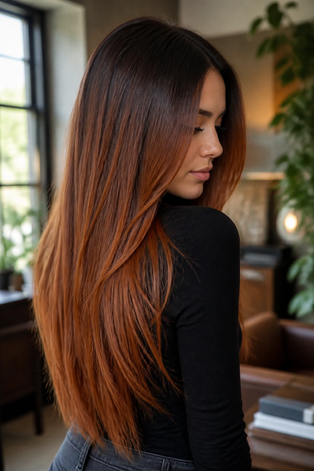 Portrait of a real person with maple copper balayage on long straight brown hair
