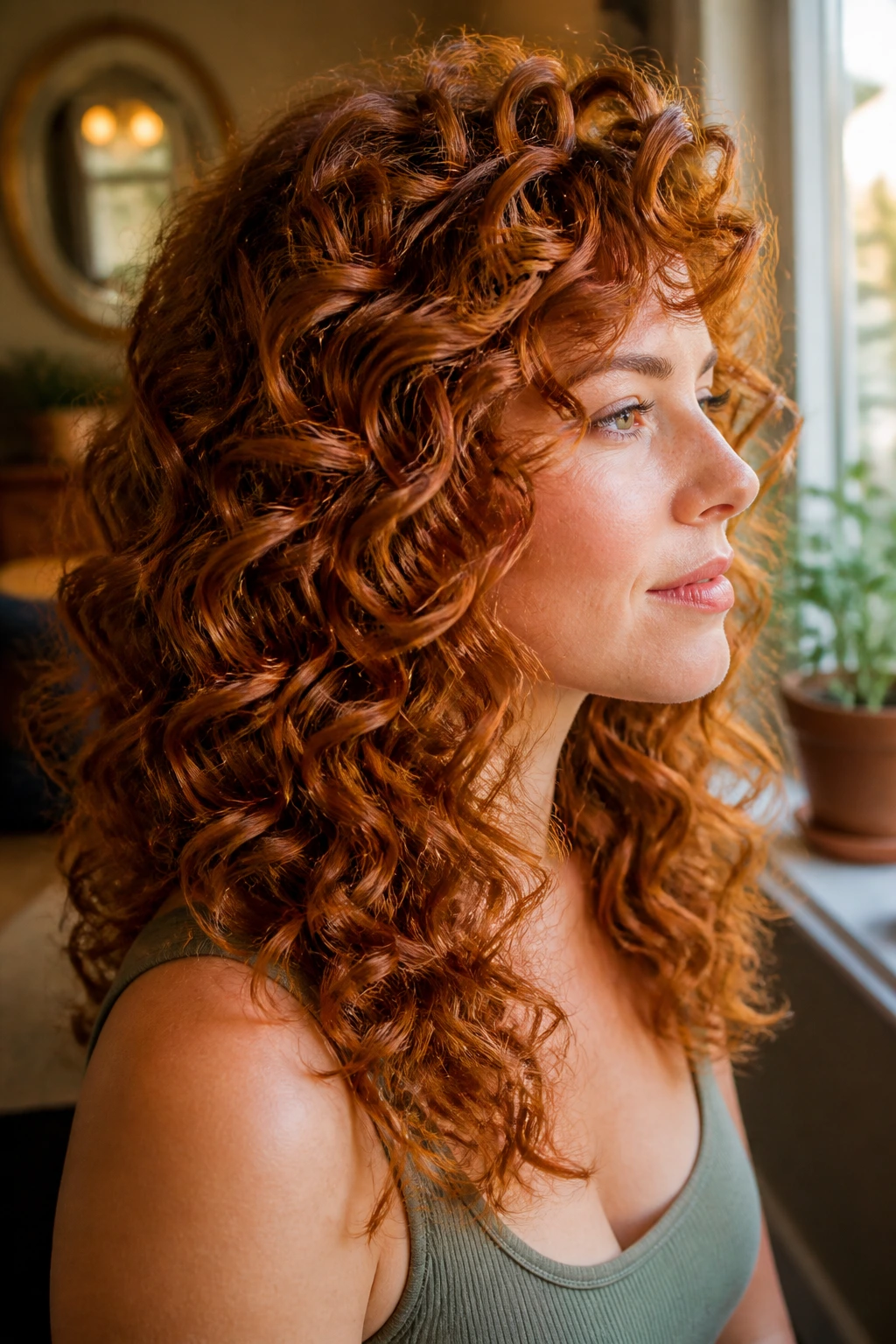 Close-up of layered curls in maple copper tones
