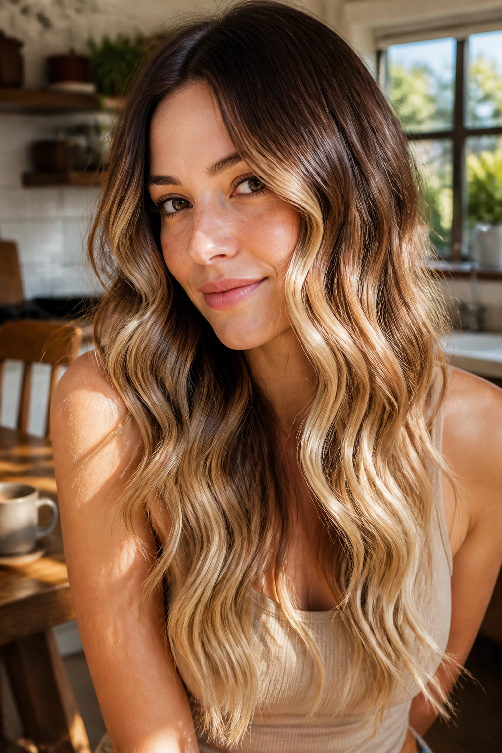 Maple cream ombre on chestnut to maple-gold wavy hair