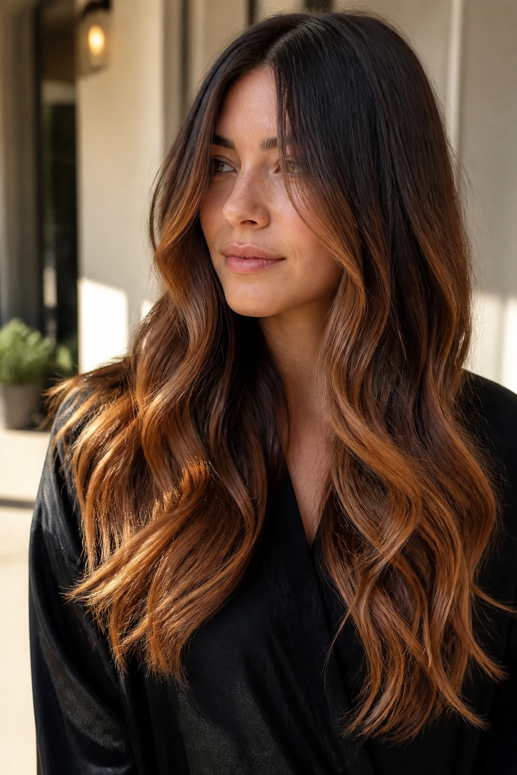 Long brunette hair with maple-toned ends in warm sunlight