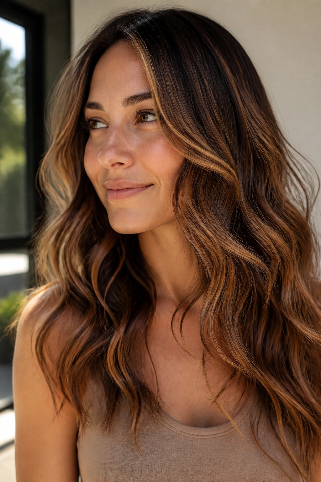 Wavy brown hair with maple glaze balayage.