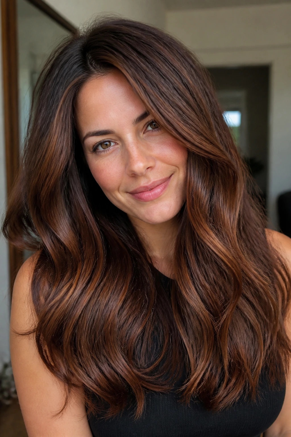 Close-up portrait showing maple glaze balayage on thick hair with warm red-brown glow