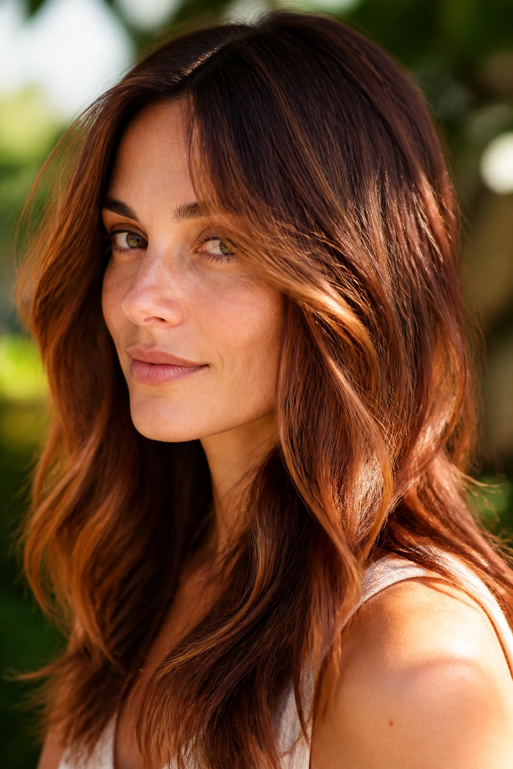 Close-up of a real woman with maple lights (red-gold) in layered brown hair in sunlit setting