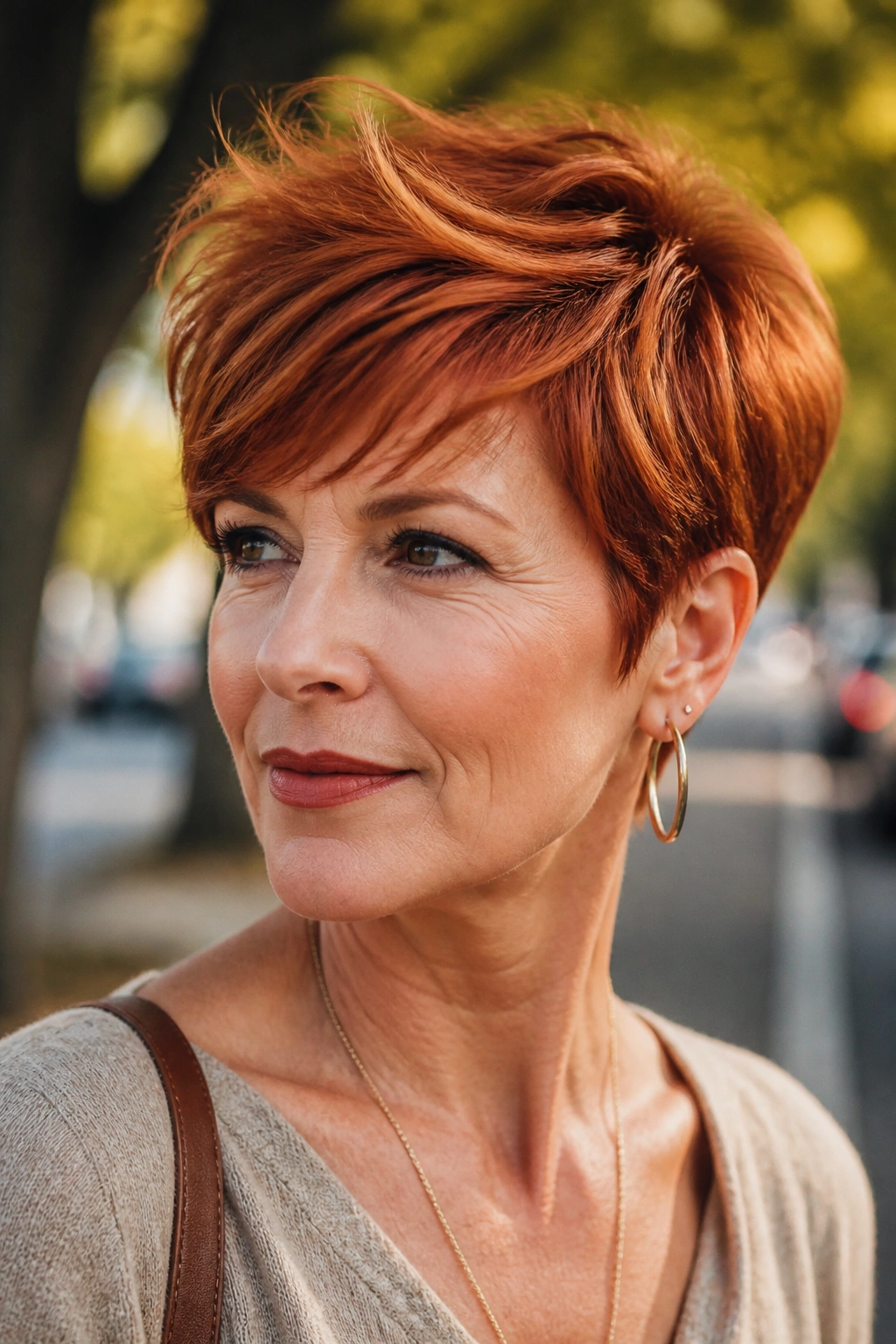 Close-up portrait of a real woman with Maple Red Sculpted Pixie with Feathered Top
