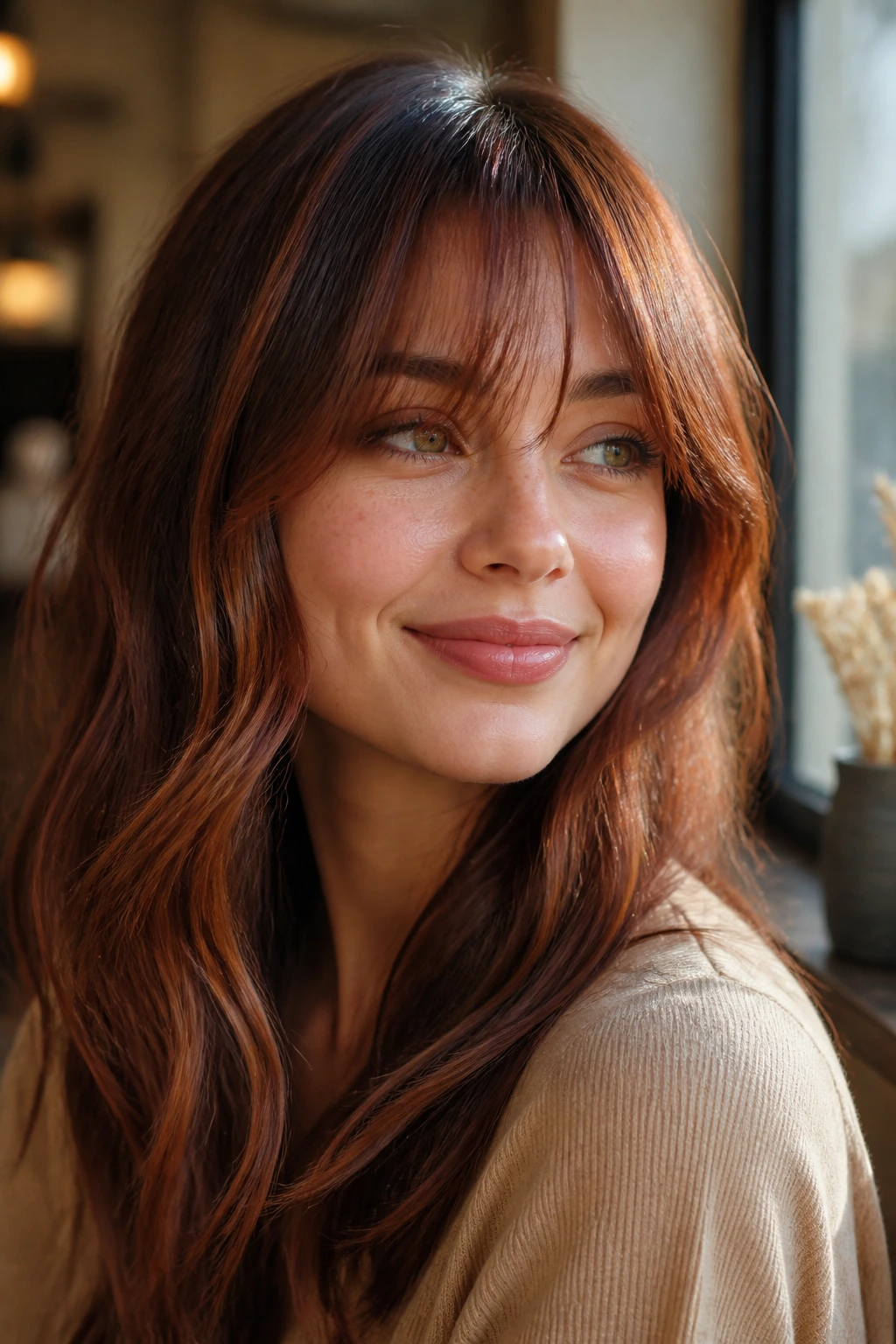 Close-up portrait of a real woman with a soft fringe and maple ribbon highlights