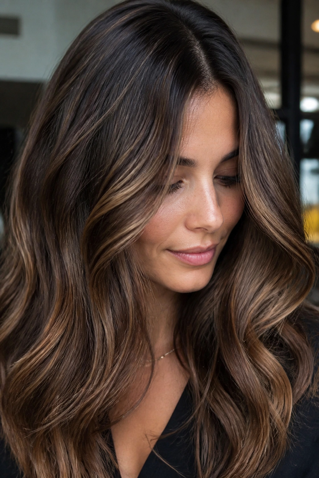 Close-up of brunette with marbled highlights showing multiple chocolate tones