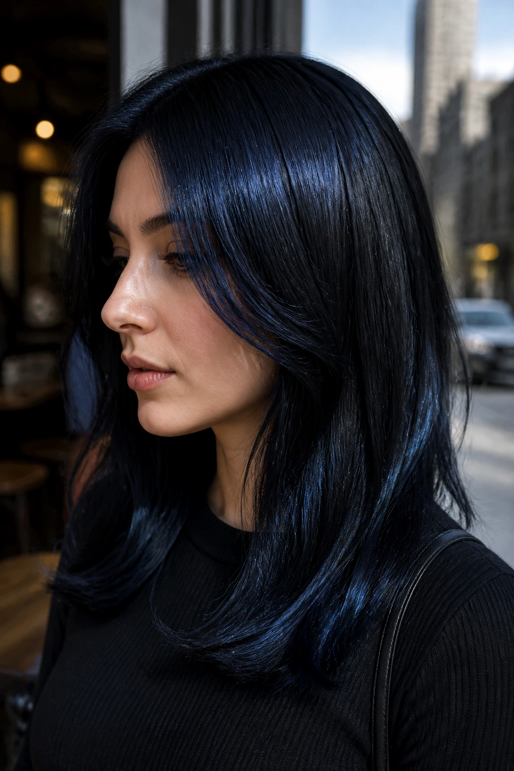 Close-up of real person with marine blue sheen on black hair